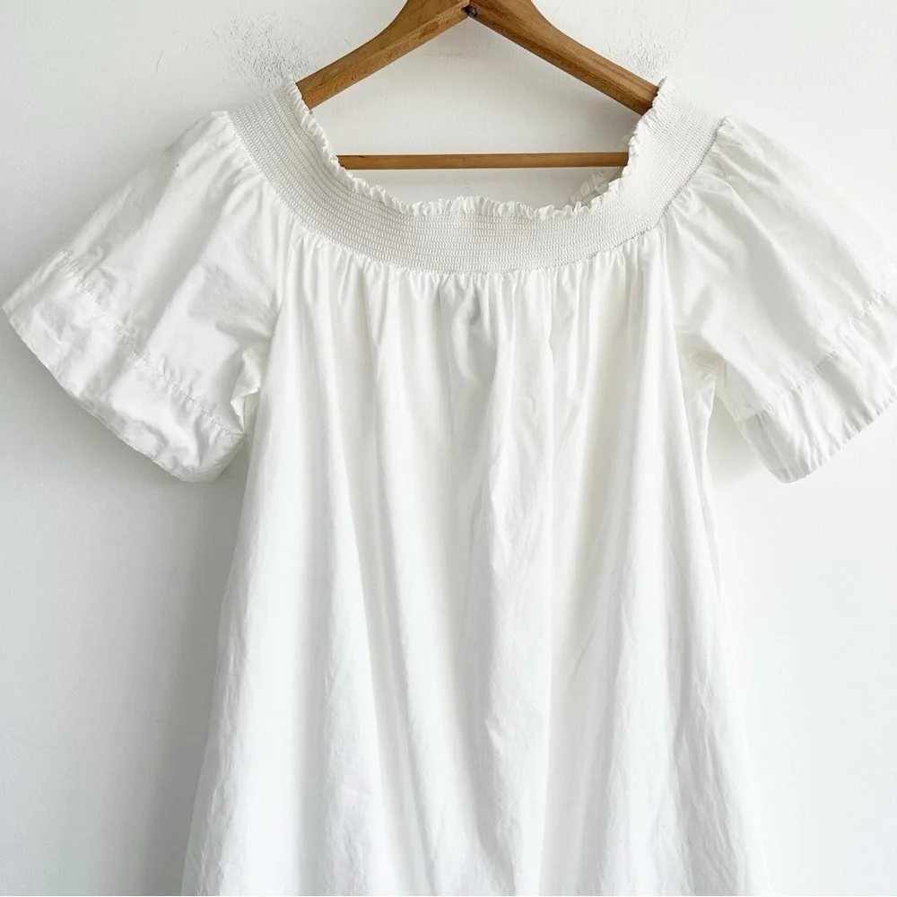 J. Crew Smocked Off Shoulder Cotton Poplin Dress White Size 4